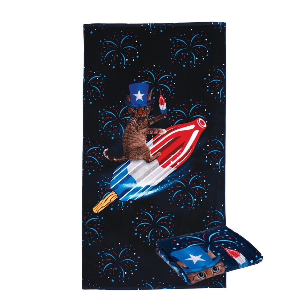 Spirit of America Cotton Blend Bomb Pop Cat Patriotic Quick Dry Beach Towel/ New